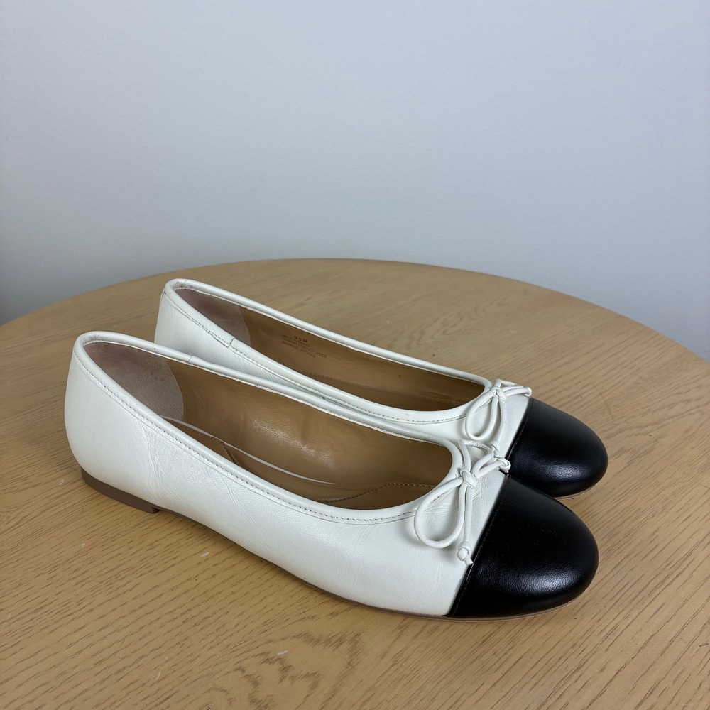 Talbots White Black Cap Toe Leather Ballet Flats Women's 9.5 Bow Chic Preppy